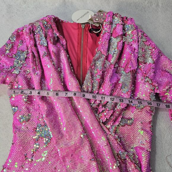 BOOHOO Us Sz 6 NWT Pink Sequin Drape Minidress Lined L/s Zip Up - Picture 4 of 11